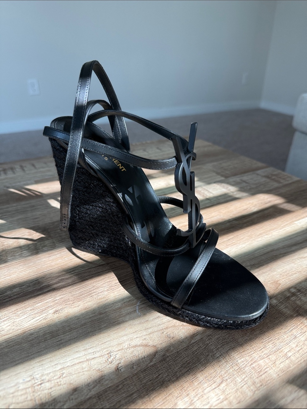 Saint Laurent Black Strappy Logo Wedge Sandals
